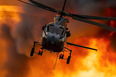 close-up of helicopter blades, with smoke and flames in the background, created with generative aiの素材