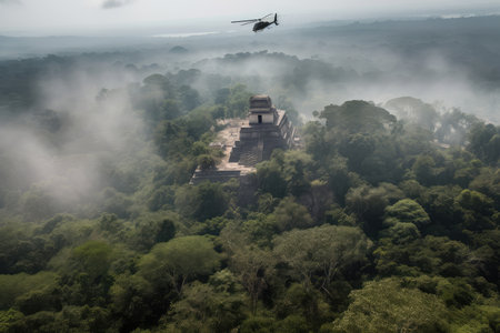 helicopter flying above smoking jungle, with view of ancient ruins in the background, created with generative aiの素材