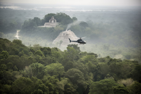 helicopter flying above smoking jungle, with view of ancient ruins in the background, created with generative aiの素材