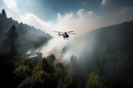 helicopter flying over dense forest, with smoke billowing from the foliage below, created with generative aiの素材