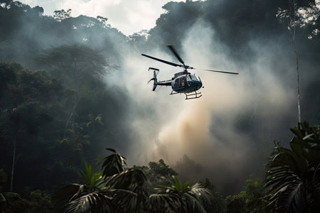 helicopter flies over dense jungle, with smoke billowing out of its engine, created with generative aiの素材