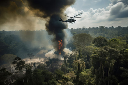 military helicopter flies over smoldering jungle, with smoke rising from the fires, created with generative aiの素材