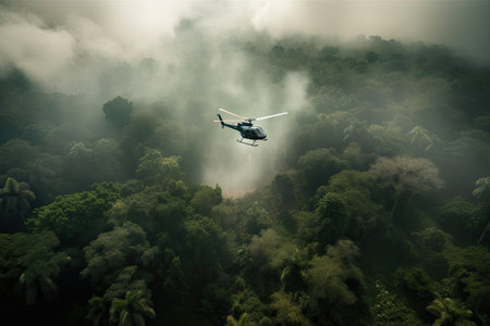 epic aerial shot of smoking jungle with helicopter flying over the trees, created with generative aiの素材