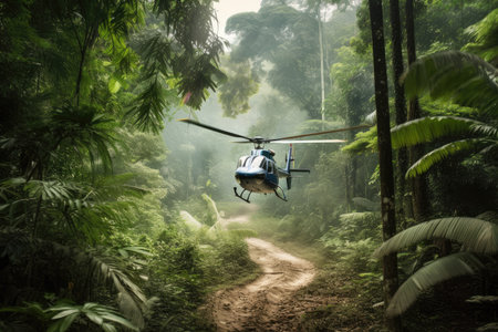 escaping the jungle with helicopter in hot pursuit, created with generative aiの素材