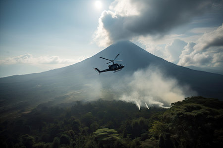 helicopter flies over smoking jungle, with view of distant volcano in the background, created with generative aiの素材