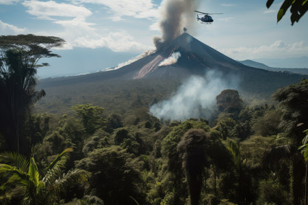 helicopter hovering over smoking jungle, with view of volcano in the distance, created with generative aiの素材