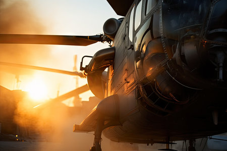 close-up of helicopter rotor blades, with smoke and flames visible in the background, created with generative aiの素材