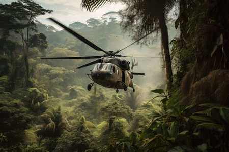 military helicopter hovering above jungle, guns ready for action, created with generative aiの素材