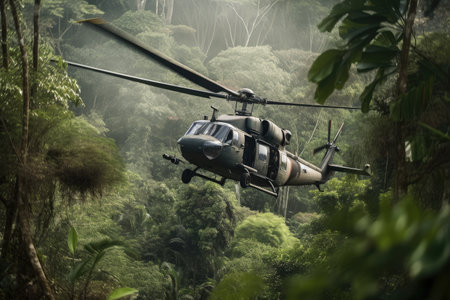 military helicopter hovering above jungle, guns ready for action, created with generative aiの素材