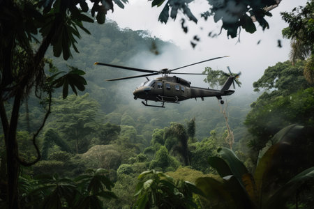 military helicopter hovering above jungle, guns ready for action, created with generative aiの素材
