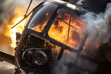 close-up of helicopter engine, with smoke and flames visible, created with generative aiの素材