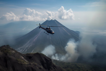 helicopter flies over smoking volcano, with view of the jungle below, created with generative aiの素材