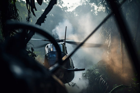 close-up of helicopter rotor blades slicing through the jungle smoke, created with generative aiの素材