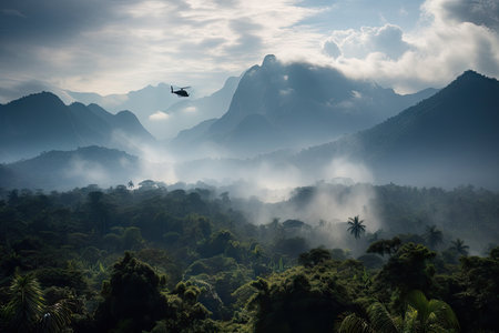 helicopter flies over smoking jungle, with view of majestic mountains in the distance, created with generative aiの素材