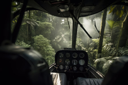 close-up of helicopter blades through jungle canopy, created with generative aiの素材