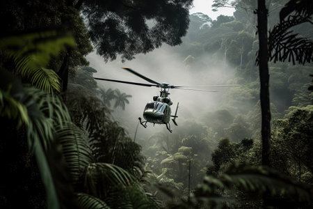 close-up of helicopter blades through jungle canopy, created with generative aiの素材