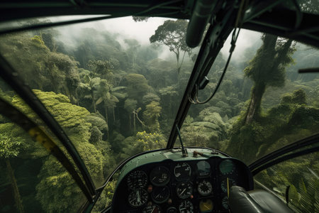 close-up of helicopter blades through jungle canopy, created with generative aiの素材