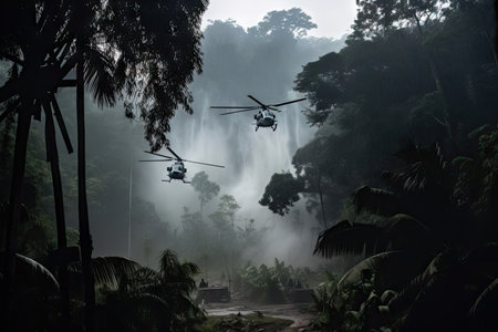 sudden downpour of rain in smoke-filled jungle, with helicopters sheltering under nearby trees, created with generative aiの素材