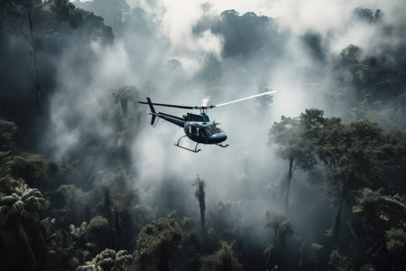 helicopter flies over dense jungle, with smoke billowing from below, created with generative aiの素材