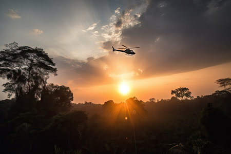 helicopter hovering over smoking jungle, with view of sun setting below the horizon, created with generative aiの素材