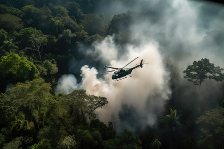 helicopter flies over lush jungle, with smoke billowing from below, created with generative aiの素材