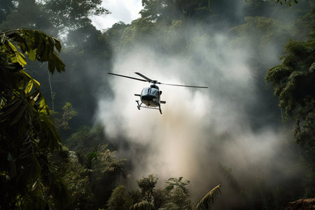 helicopter whisking over dense jungle, with smoke billowing from its engines, created with generative aiの素材