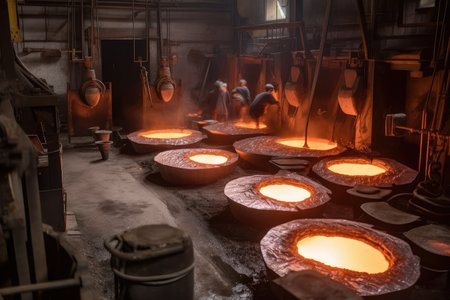 the foundry, with molten metal being cast into ingot molds, created with generative aiの素材