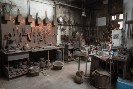 foundry workshop, with tools and equipment neatly arranged, created with generative aiの素材