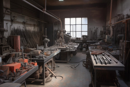foundry workshop, with tools and equipment neatly arranged, created with generative aiの素材