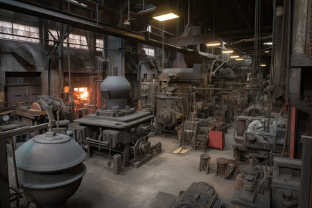 foundry, with intricate machinery and tools used to create metal parts, created with generative aiの素材