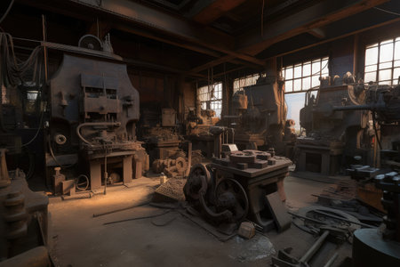 foundry, with intricate machinery and tools used to create metal parts, created with generative aiの素材