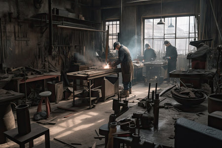a foundry workshop, with workers crafting intricate metal parts, created with generative aiの素材