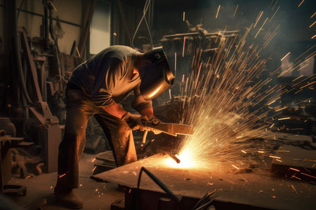 foundry, with sparks flying and metal being shaped by skilled hands, created with generative aiの素材
