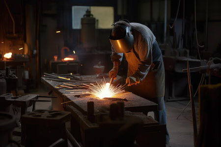 foundry, with sparks flying and metal being shaped by skilled hands, created with generative aiの素材
