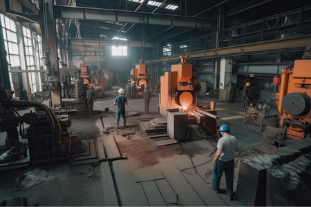 foundry with group of workers and machines, producing various metal parts, created with generative aiの素材