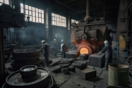 foundry with group of workers and machines, producing various metal parts, created with generative aiの素材