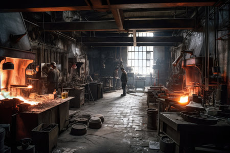 foundry workshop, where skilled craftsmen shape metal and create products of the highest quality, created with generative aiの素材