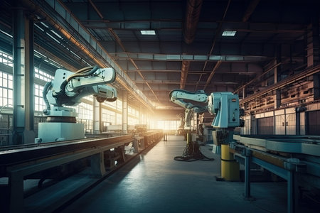 foundry factory with conveyor belts and robotic arms, producing parts for high-tech devices, created with generative aiの素材