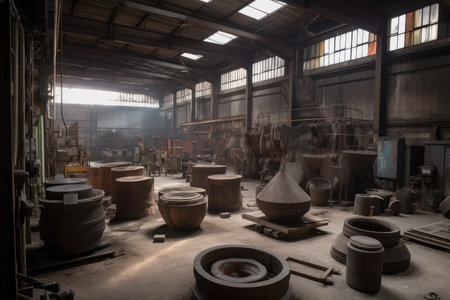 a foundry with a variety of metal products in various stages of production, created with generative aiの素材