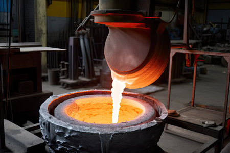 foundry, with molten metal being poured from crucible and into mold to create new product, created with generative aiの素材