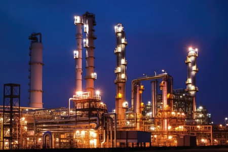 fossil fuels being refined into gasoline and diesel fuel in modern refinery, created with generative aiの素材