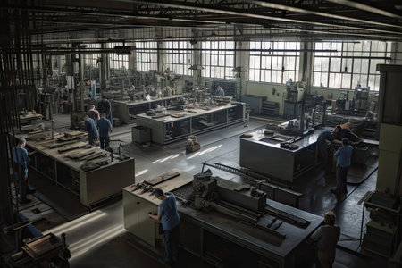 factory floor with workers performing various metalworking and assembly tasks, created with generative aiの素材