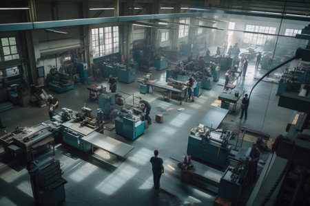 factory floor with workers performing various metalworking and assembly tasks, created with generative aiの素材