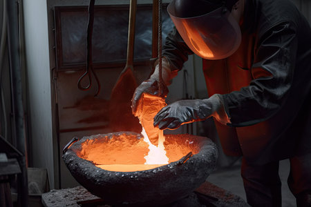 foundry worker, hand-melting metal into mold to create new part, created with generative aiの素材