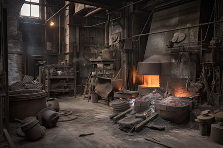 foundry with furnace, molten metal and tools on the floor, created with generative aiの素材