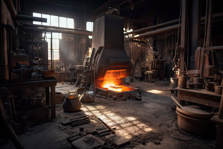 foundry with furnace, molten metal and tools on the floor, created with generative aiの素材
