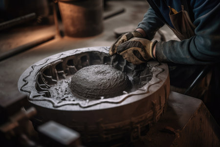 foundry worker, making intricate mold by hand to create custom parts, created with generative aiの素材
