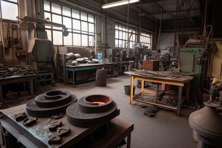 foundry, with intricate equipment and tools, for creating high-quality products, created with generative aiの素材