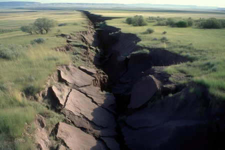 view of fault line, with visible movement and rumbling, created with generative aiの素材