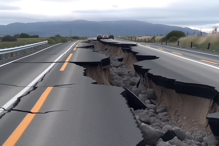 the dramatic moment when two fault lines collide, causing a massive quake, created with generative aiの素材